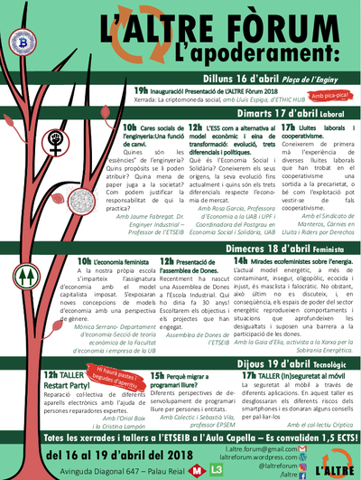 L'ALTRE FÒRUM 2018, del 16 al 19 d'abril a l'ETSEIB